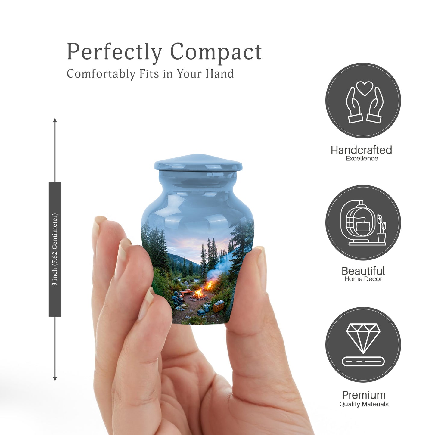 Navy Blue Campfire Cremation Urn close-up of engraving and surface detail - timeless campfire motif etched into premium metal - mini keepsake memorial for portion of cremation ashes