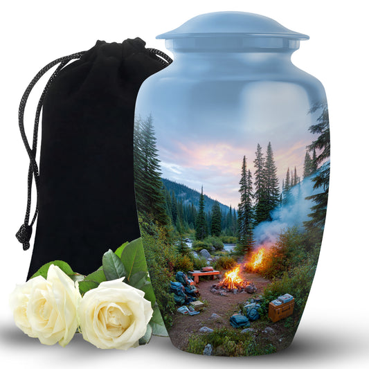 Vivid Blue Campfire Cremation Urn angled view of lid and engraved motif - traditional campfire engraving with hand-polished finish - full-size 10 inch 200 cubic inch adult cremation urn