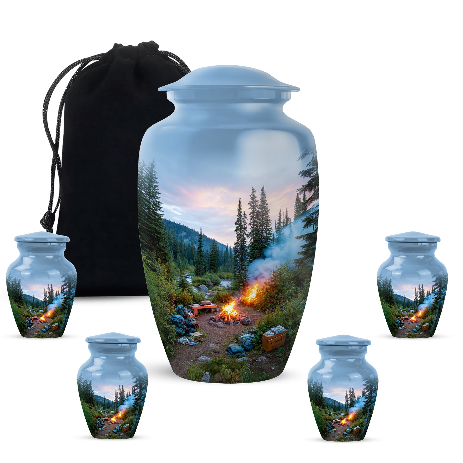 Celestial Blue Campfire Cremation Urn top-down view of secure threaded lid - timeless campfire motif etched into premium metal - memorial set with one large and four small urns