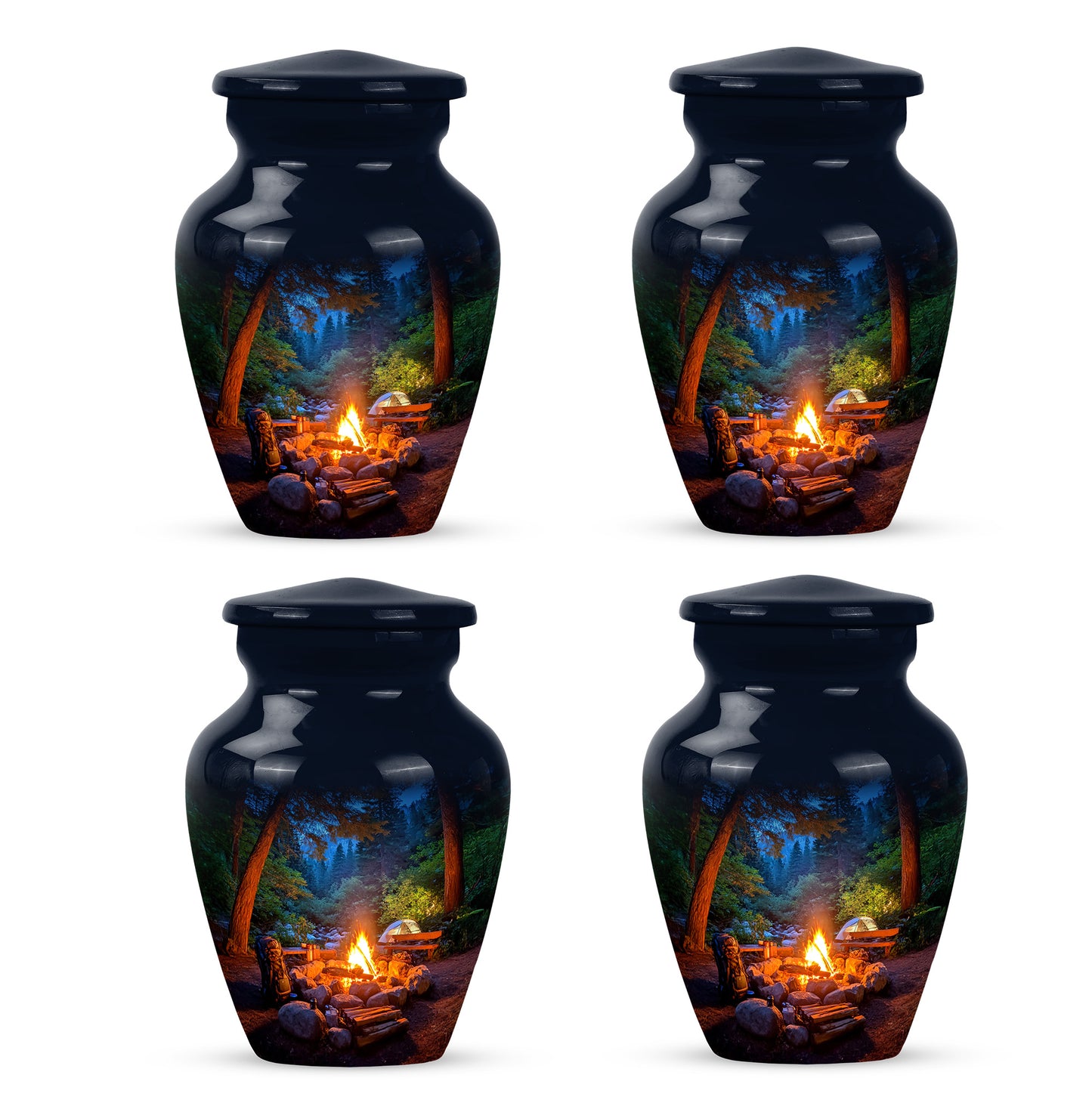 Sapphire Blue Campfire Cremation Urn side profile showing urn shape - traditional campfire engraving with hand-polished finish - 10 inch aluminum urn for cremated remains