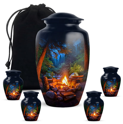 Soft Blue Campfire Cremation Urn top-down view of secure threaded lid - traditional campfire engraving with hand-polished finish - memorial set with one large and four small urns