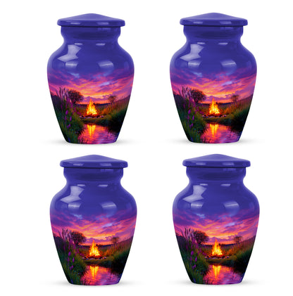 Misty Blue Campfire Cremation Urn side profile showing urn shape - classic sculpted campfire pattern on smooth aluminum - 10 inch aluminum urn for cremated remains