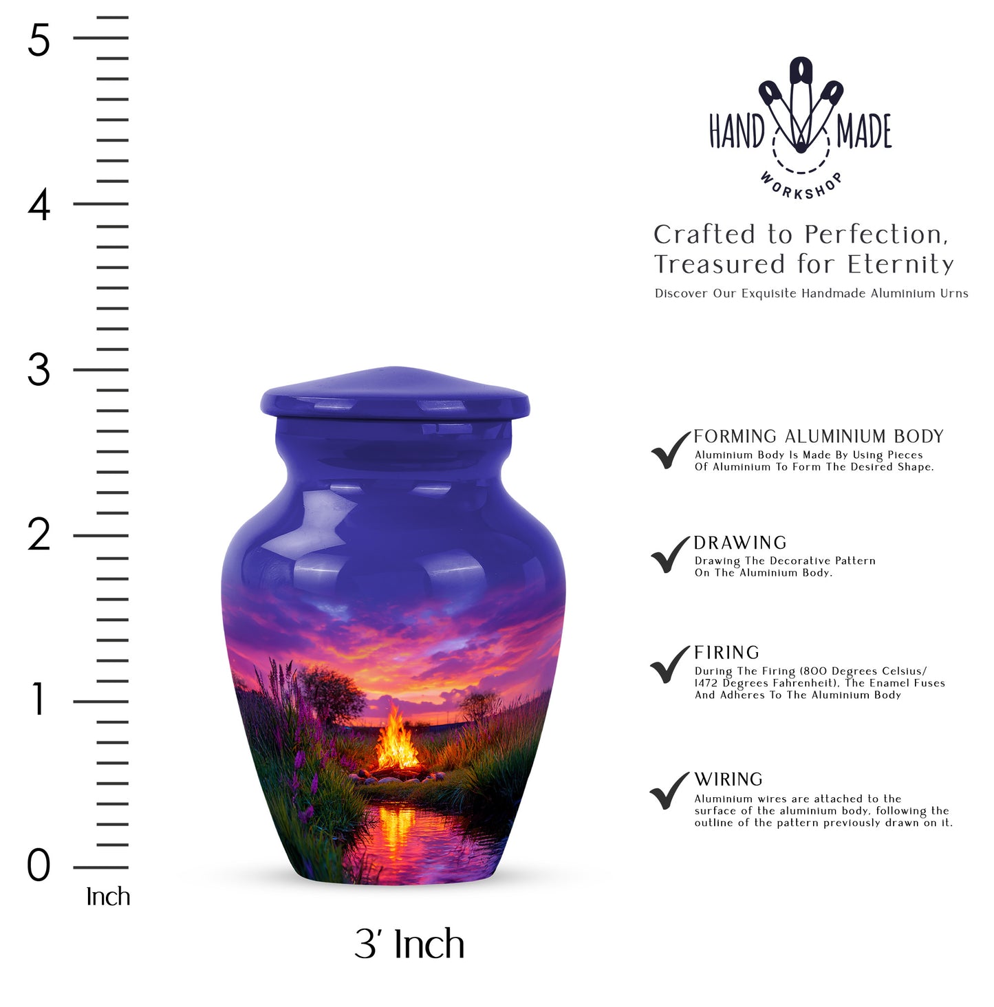 Bright Blue Campfire Cremation Urn close-up of engraving and surface detail - traditional campfire engraving with hand-polished finish - mini keepsake memorial for portion of cremation ashes