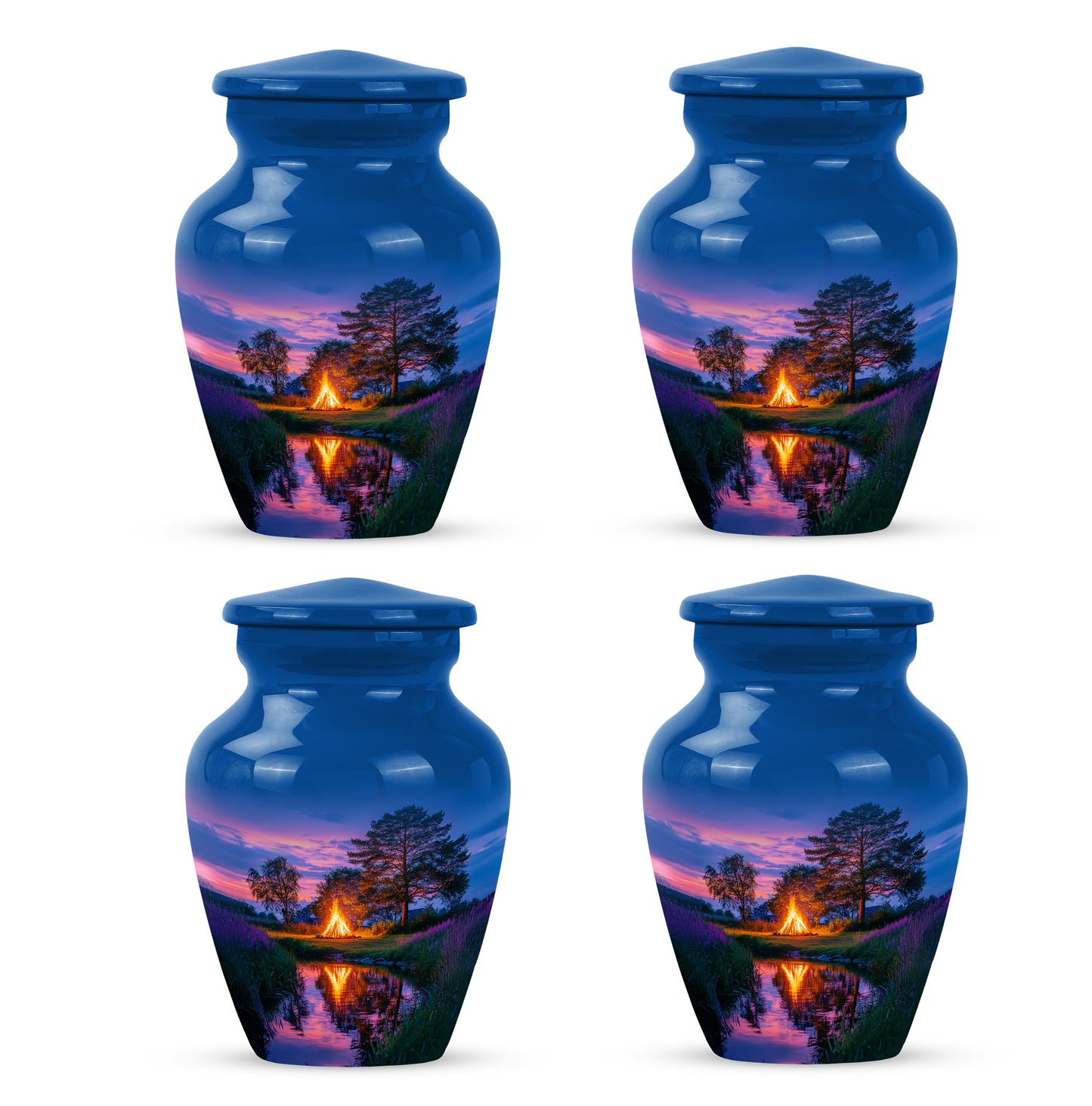 Soft Blue Campfire Cremation Urn side profile showing urn shape - elegant classic campfire relief with fine detailing - 10 inch aluminum urn for cremated remains
