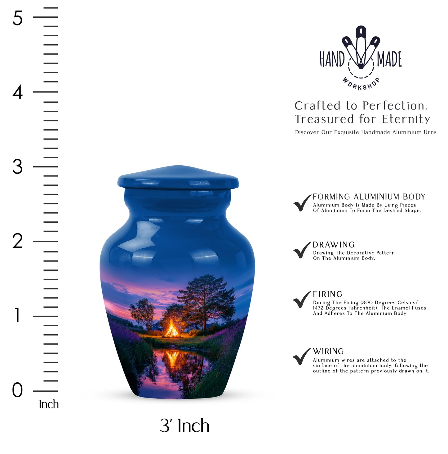 Icy Blue Campfire Cremation Urn close-up of engraving and surface detail - classic sculpted campfire pattern on smooth aluminum - mini keepsake memorial for portion of cremation ashes