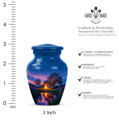 Icy Blue Campfire Cremation Urn close-up of engraving and surface detail - classic sculpted campfire pattern on smooth aluminum - mini keepsake memorial for portion of cremation ashes