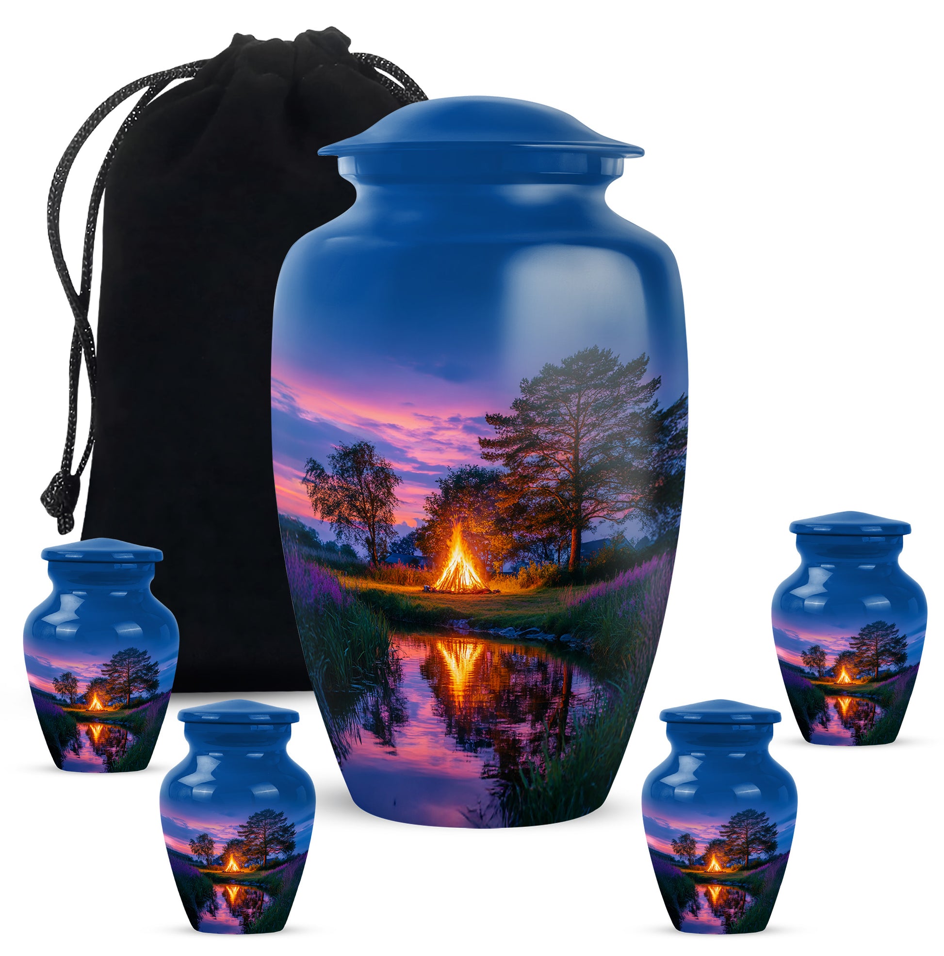 Dusty Blue Campfire Cremation Urn top-down view of secure threaded lid - timeless campfire motif etched into premium metal - memorial set with one large and four small urns