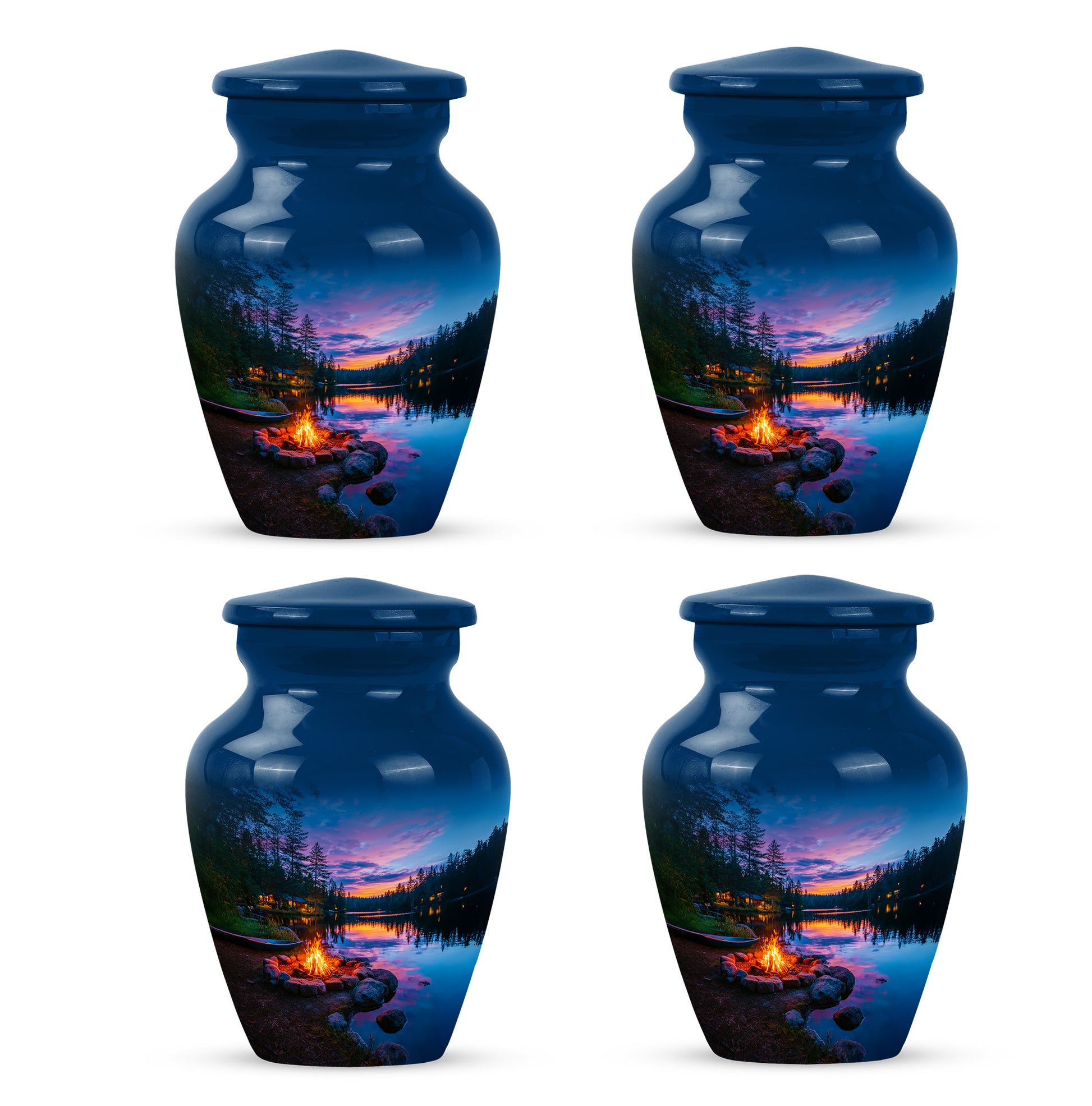 Powder Blue Campfire Cremation Urn side profile showing urn shape - classic sculpted campfire pattern on smooth aluminum - 10 inch aluminum urn for cremated remains