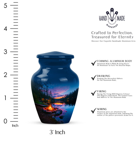 Steel Blue Campfire Cremation Urn close-up of engraving and surface detail - traditional campfire engraving with hand-polished finish - mini keepsake memorial for portion of cremation ashes