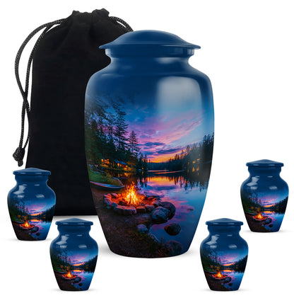 Slate Blue Campfire Cremation Urn top-down view of secure threaded lid - timeless campfire motif etched into premium metal - memorial set with one large and four small urns