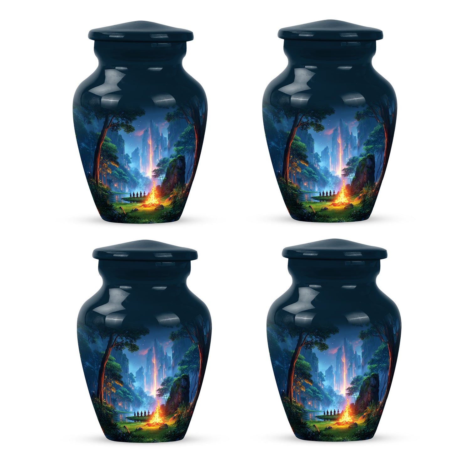 Indigo Campfire Cremation Urn side profile showing urn shape - classic sculpted campfire pattern on smooth aluminum - 10 inch aluminum urn for cremated remains