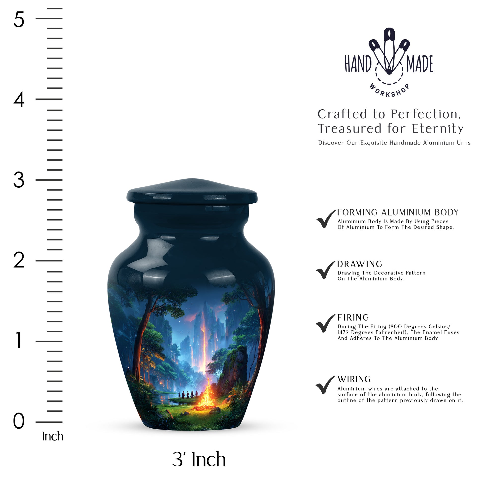Bright Blue Campfire Cremation Urn close-up of engraving and surface detail - traditional campfire engraving with hand-polished finish - mini keepsake memorial for portion of cremation ashes