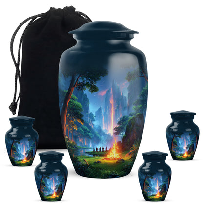 Sky Blue Campfire Cremation Urn top-down view of secure threaded lid - classic sculpted campfire pattern on smooth aluminum - memorial set with one large and four small urns