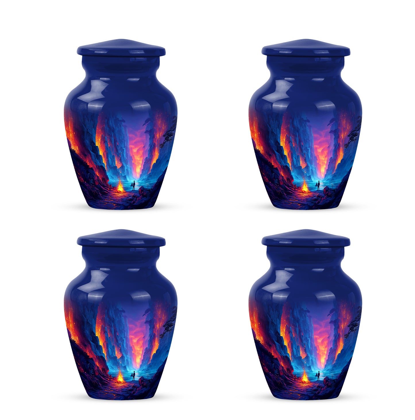Indigo Campfire Cremation Urn side profile showing urn shape - timeless campfire motif etched into premium metal - 10 inch aluminum urn for cremated remains