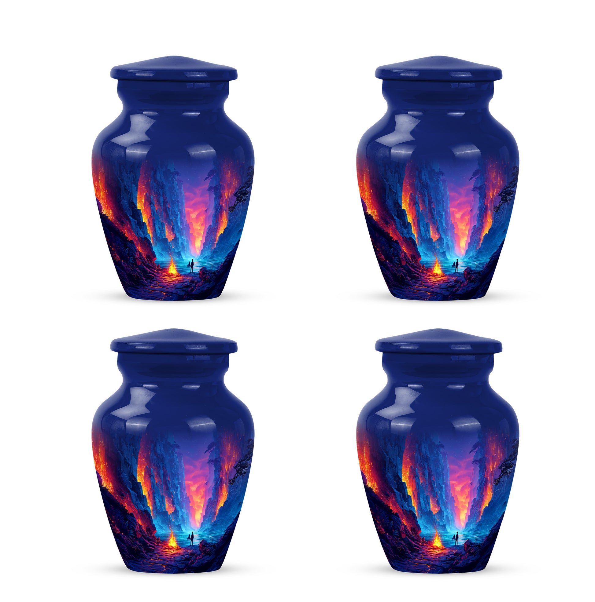 Indigo Campfire Cremation Urn side profile showing urn shape - timeless campfire motif etched into premium metal - 10 inch aluminum urn for cremated remains