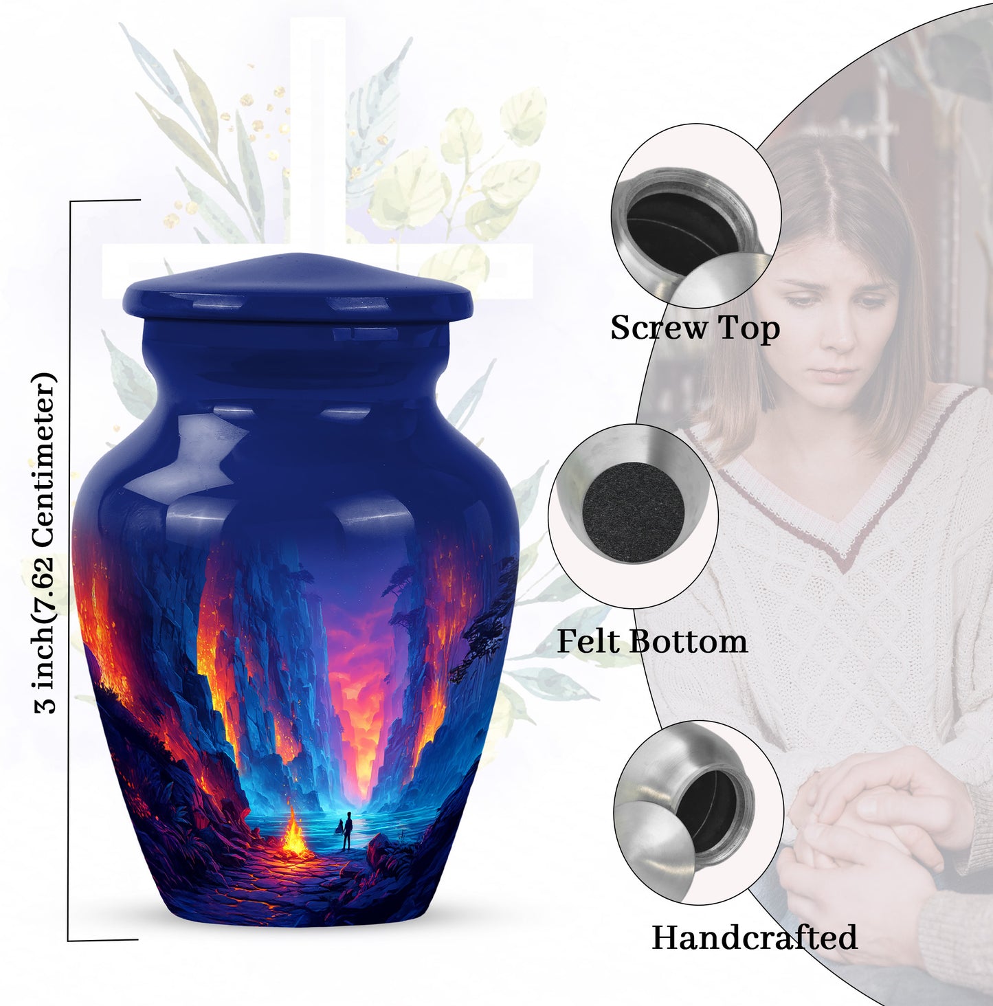 Indigo Campfire Cremation Urn close-up of engraving and surface detail - classic sculpted campfire pattern on smooth aluminum - mini keepsake memorial for portion of cremation ashes