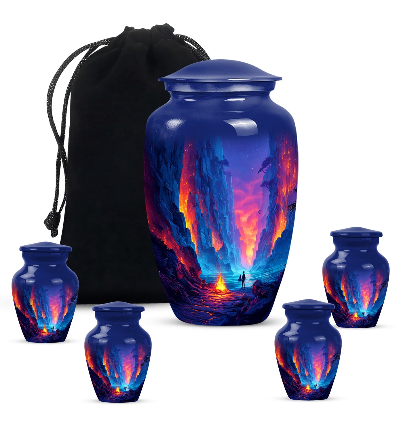 Steel Blue Campfire Cremation Urn top-down view of secure threaded lid - traditional campfire engraving with hand-polished finish - memorial set with one large and four small urns