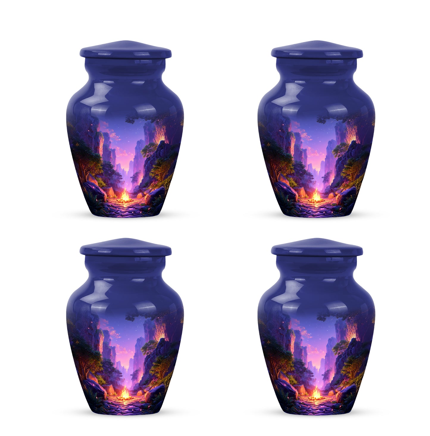 Pastel Blue Campfire Cremation Urn side profile showing urn shape - classic sculpted campfire pattern on smooth aluminum - 10 inch aluminum urn for cremated remains