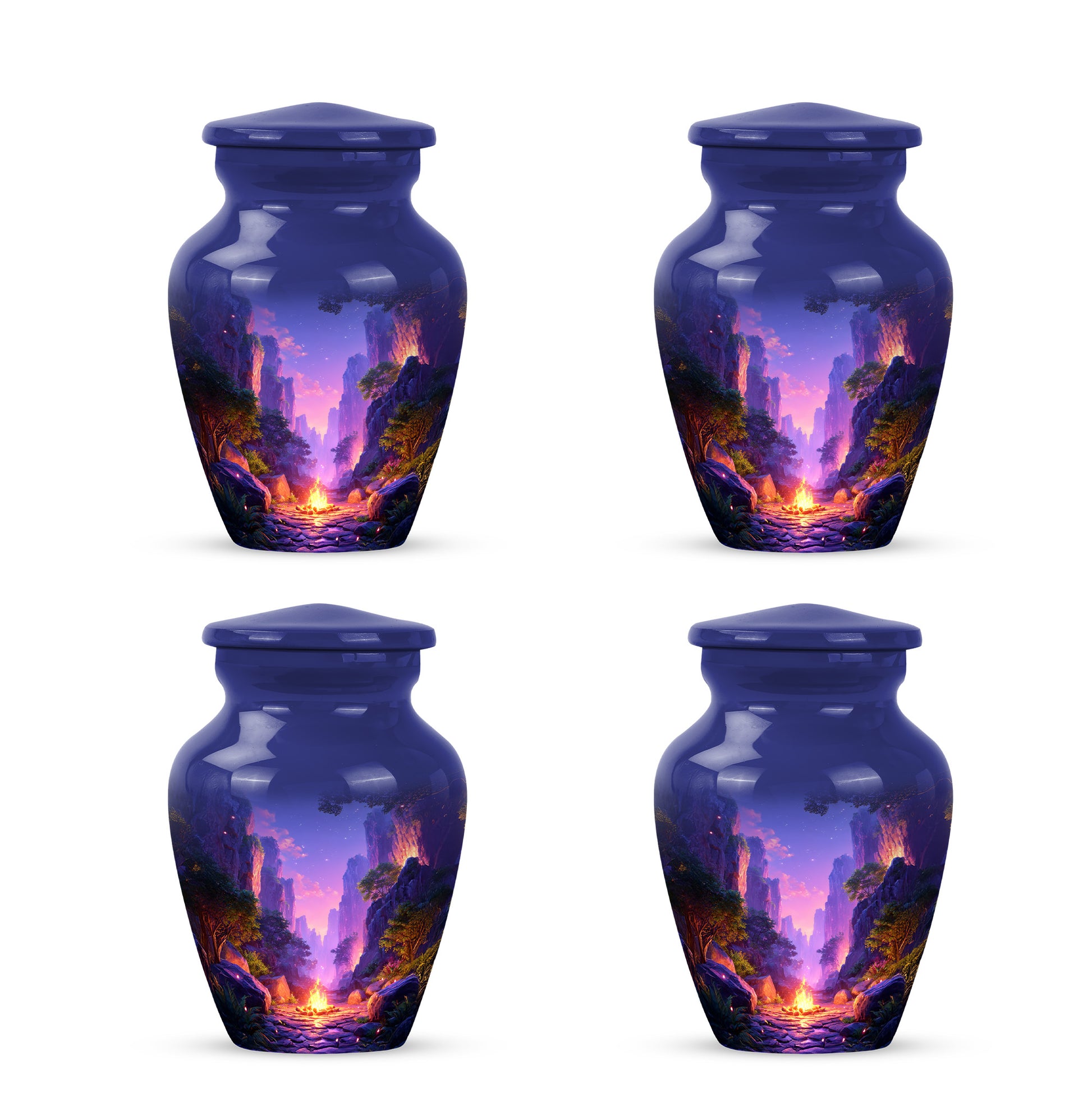 Pastel Blue Campfire Cremation Urn side profile showing urn shape - classic sculpted campfire pattern on smooth aluminum - 10 inch aluminum urn for cremated remains