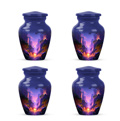 Pastel Blue Campfire Cremation Urn side profile showing urn shape - classic sculpted campfire pattern on smooth aluminum - 10 inch aluminum urn for cremated remains
