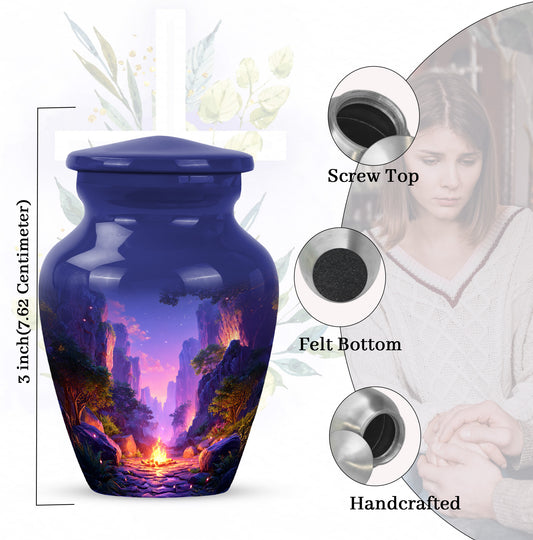Pastel Blue Campfire Cremation Urn close-up of engraving and surface detail - classic sculpted campfire pattern on smooth aluminum - mini keepsake memorial for portion of cremation ashes