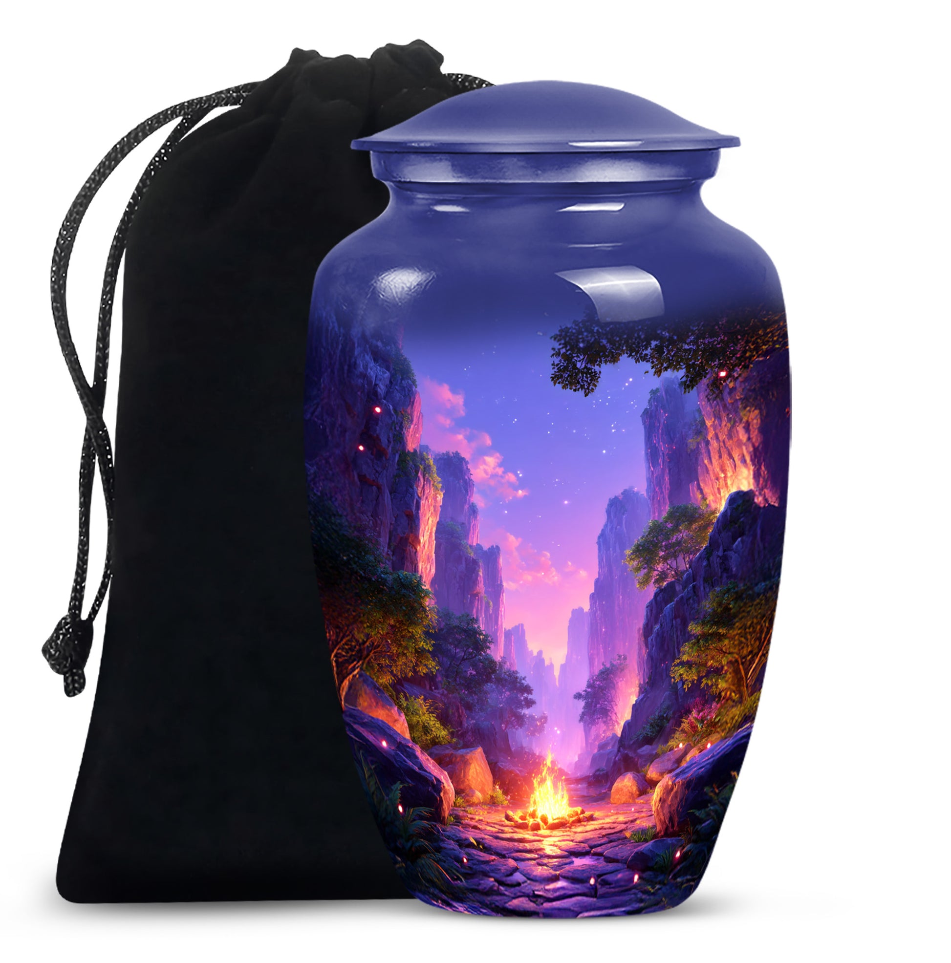 Sky Blue Campfire Cremation Urn angled view of lid and engraved motif - timeless campfire motif etched into premium metal - full-size 10 inch 200 cubic inch adult cremation urn