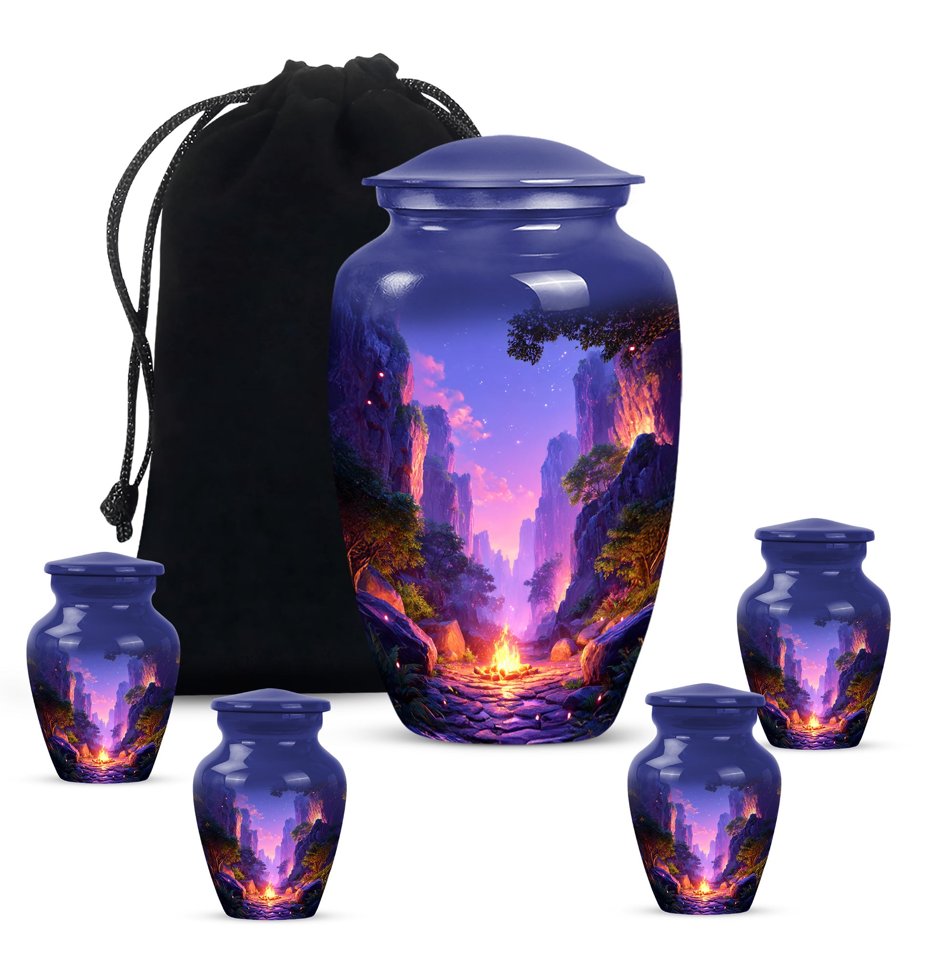Indigo Campfire Cremation Urn top-down view of secure threaded lid - timeless campfire motif etched into premium metal - memorial set with one large and four small urns