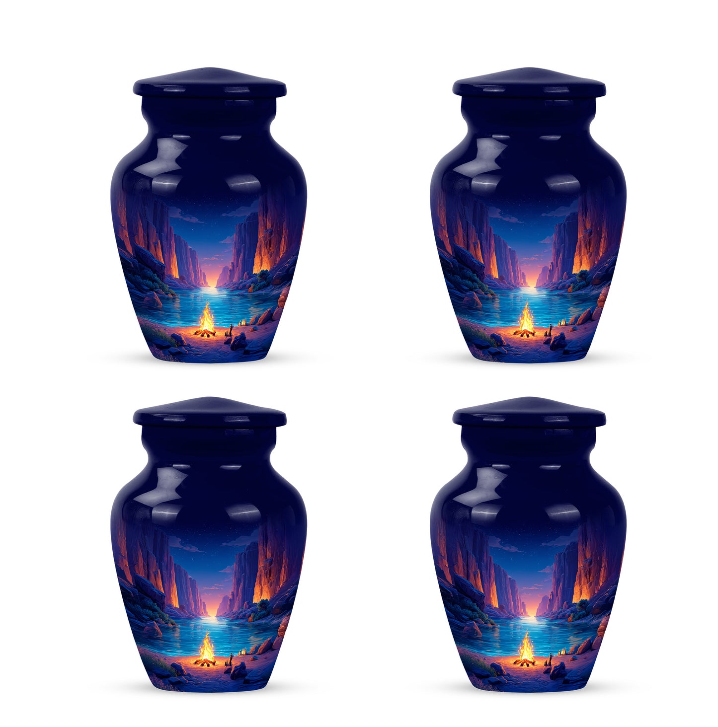 Soft Blue Campfire Cremation Urn side profile showing urn shape - traditional campfire engraving with hand-polished finish - 10 inch aluminum urn for cremated remains