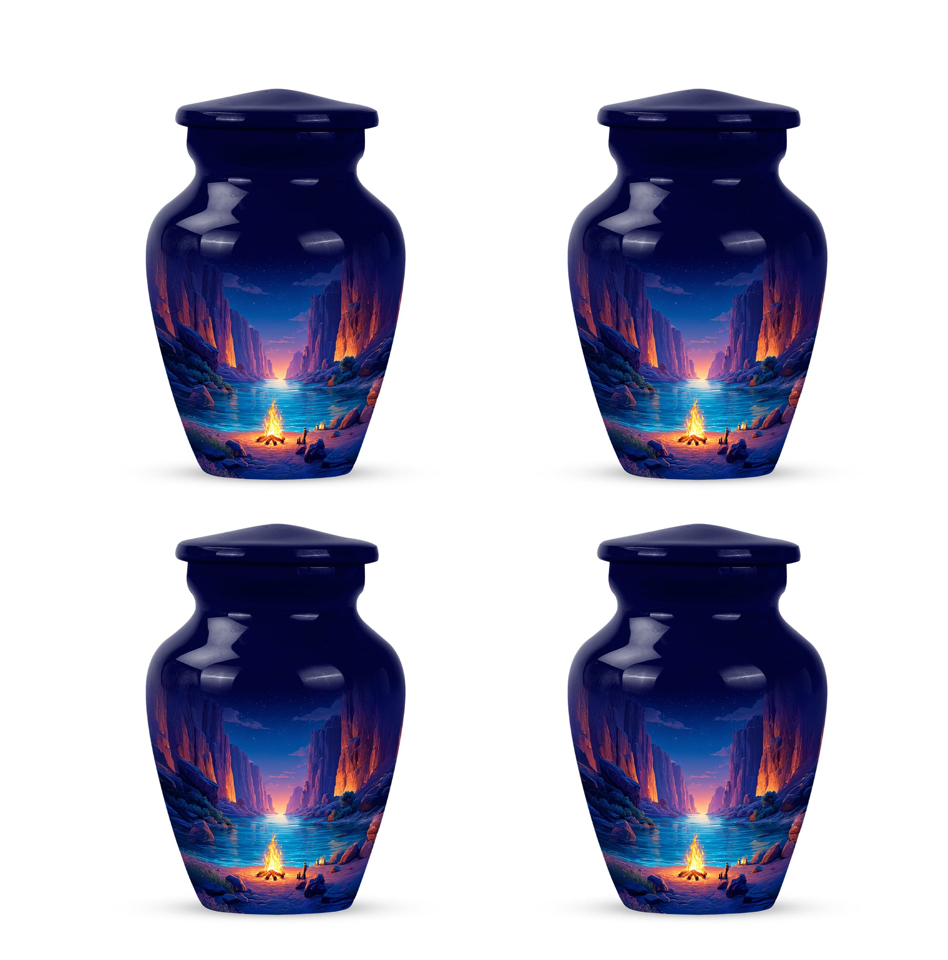 Soft Blue Campfire Cremation Urn side profile showing urn shape - traditional campfire engraving with hand-polished finish - 10 inch aluminum urn for cremated remains