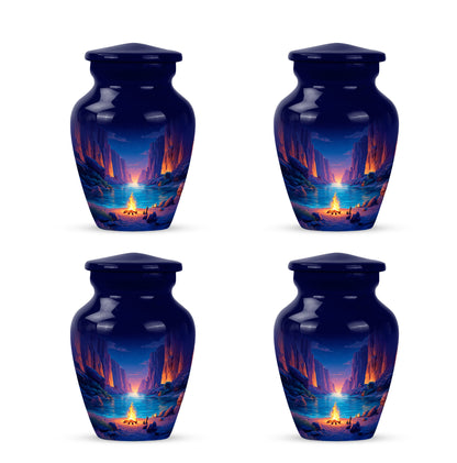 Soft Blue Campfire Cremation Urn side profile showing urn shape - traditional campfire engraving with hand-polished finish - 10 inch aluminum urn for cremated remains