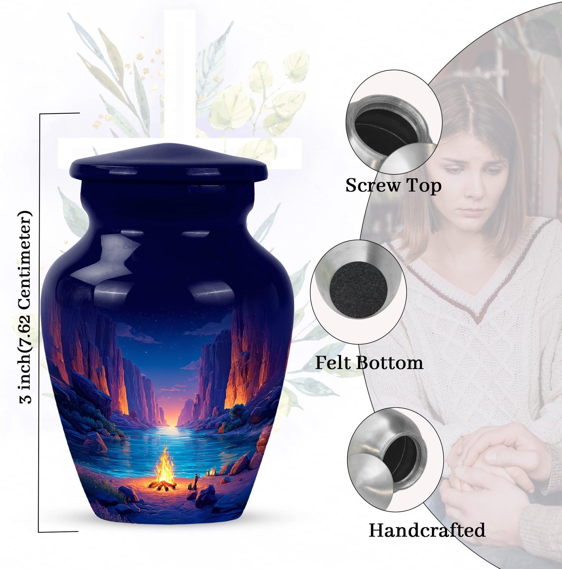 Azure Campfire Cremation Urn close-up of engraving and surface detail - classic sculpted campfire pattern on smooth aluminum - mini keepsake memorial for portion of cremation ashes