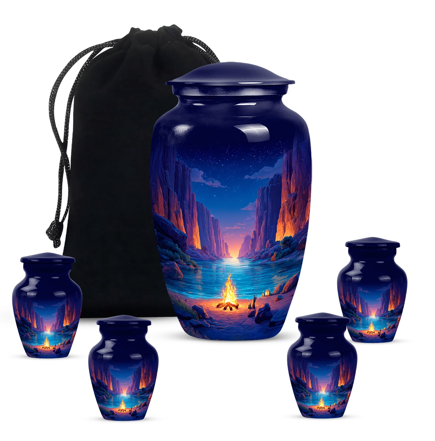 Slate Blue Campfire Cremation Urn top-down view of secure threaded lid - timeless campfire motif etched into premium metal - memorial set with one large and four small urns