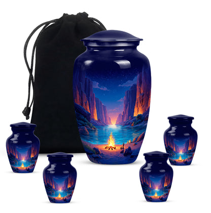 Slate Blue Campfire Cremation Urn top-down view of secure threaded lid - timeless campfire motif etched into premium metal - memorial set with one large and four small urns