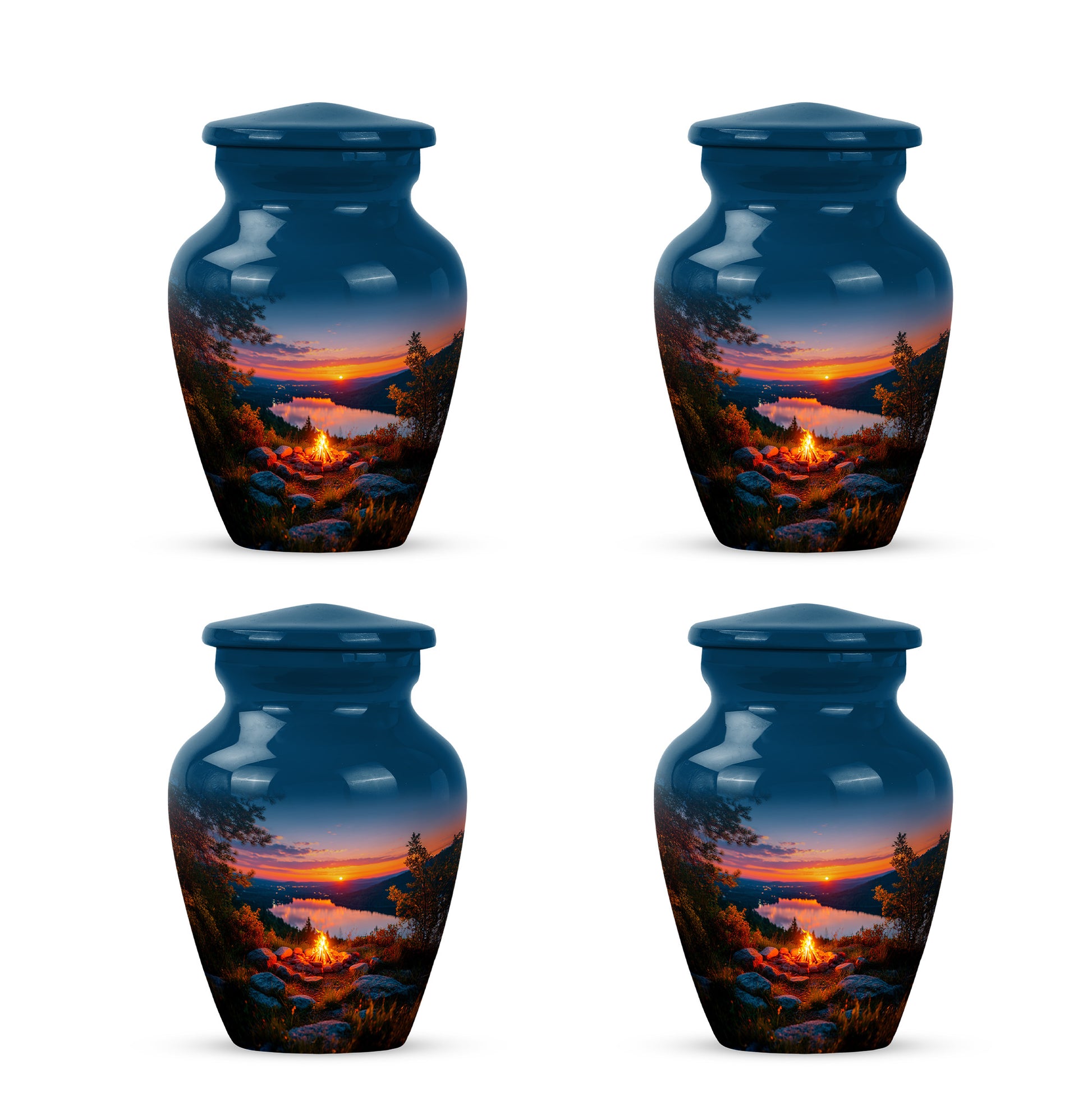 Vivid Blue Campfire Cremation Urn side profile showing urn shape - elegant classic campfire relief with fine detailing - 10 inch aluminum urn for cremated remains