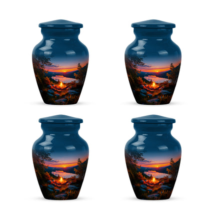 Vivid Blue Campfire Cremation Urn side profile showing urn shape - elegant classic campfire relief with fine detailing - 10 inch aluminum urn for cremated remains