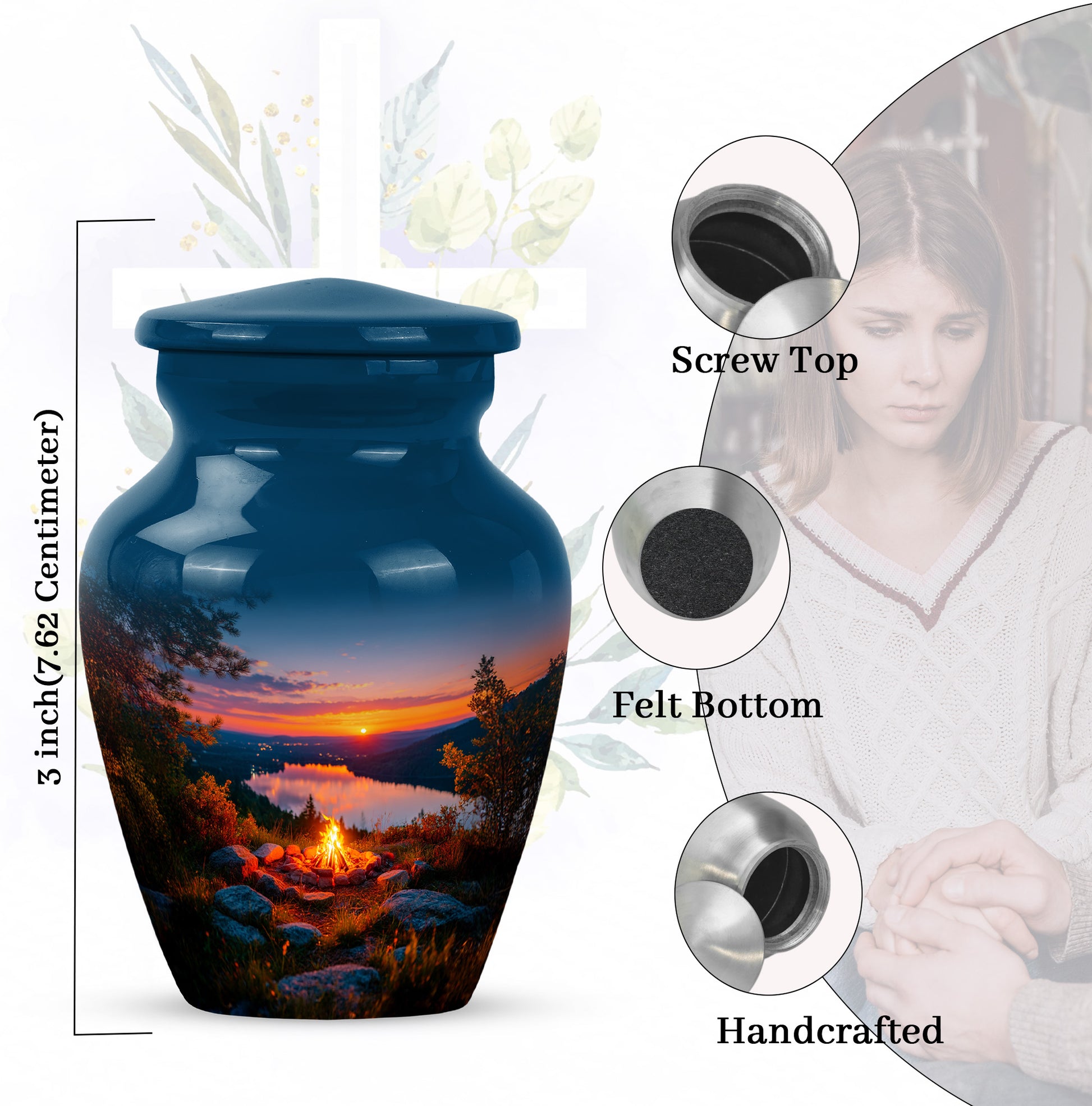 Twilight Blue Campfire Cremation Urn close-up of engraving and surface detail - elegant classic campfire relief with fine detailing - mini keepsake memorial for portion of cremation ashes