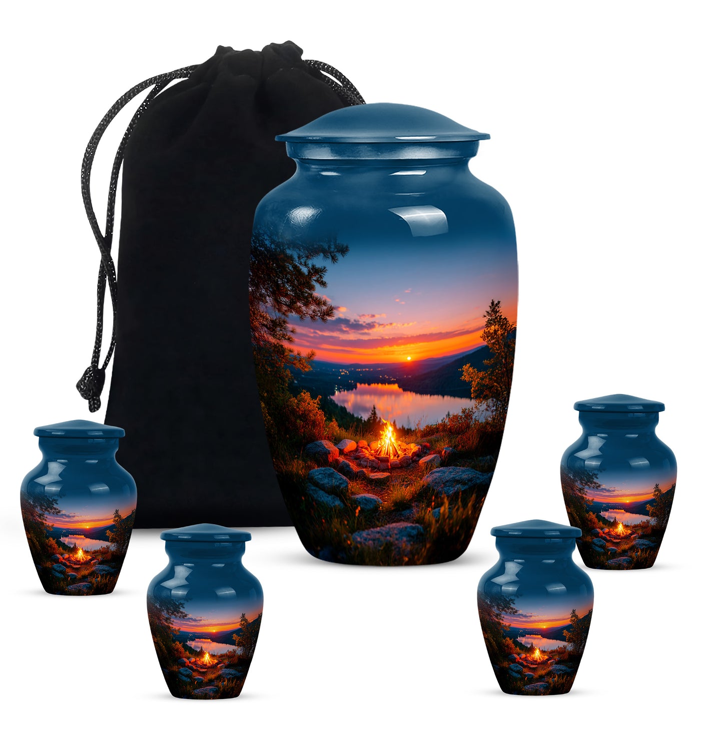 Powder Blue Campfire Cremation Urn top-down view of secure threaded lid - timeless campfire motif etched into premium metal - memorial set with one large and four small urns