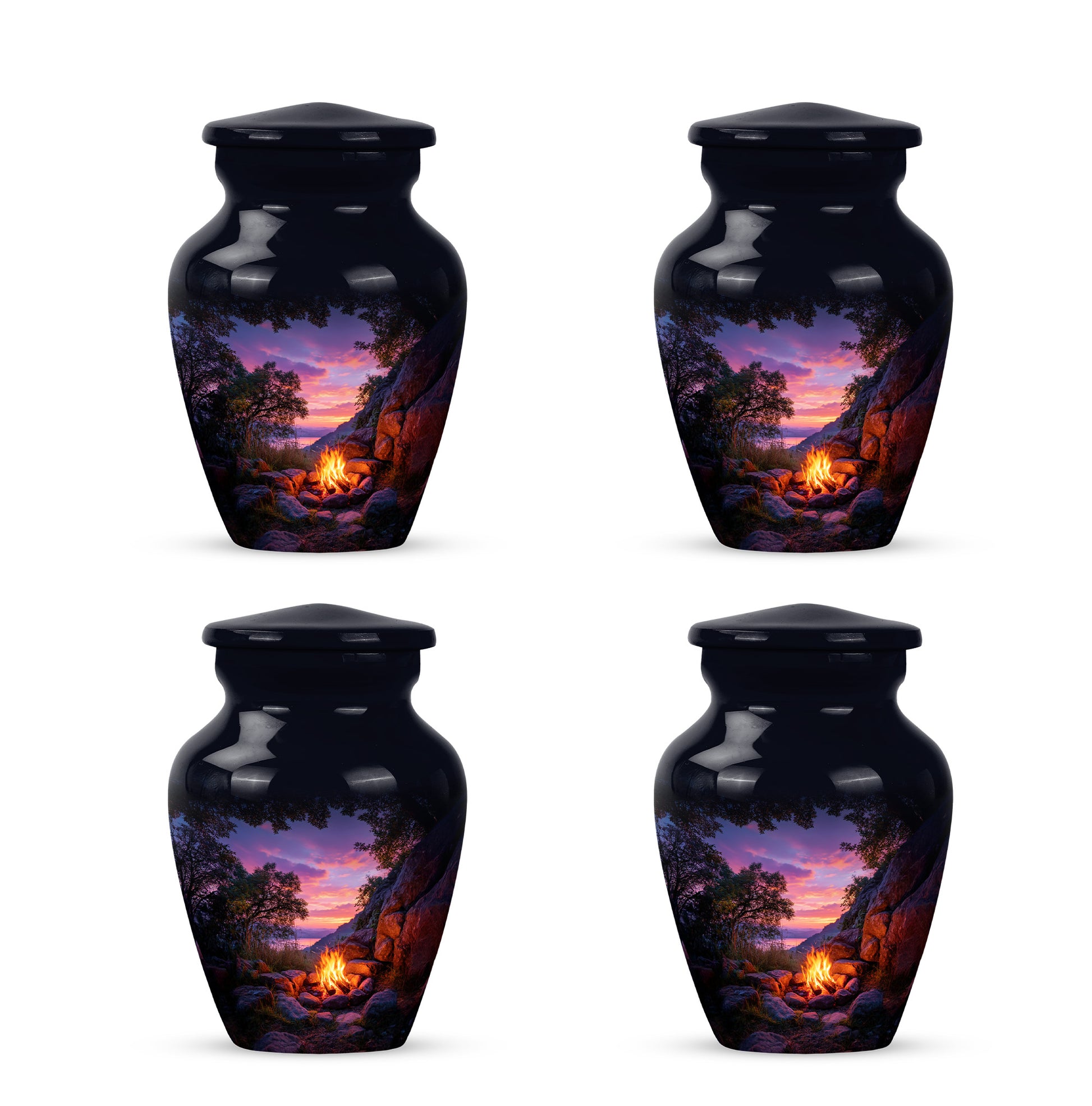 Rich Black Campfire Cremation Urn side profile showing urn shape - timeless campfire motif etched into premium metal - 10 inch aluminum urn for cremated remains