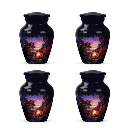 Rich Black Campfire Cremation Urn side profile showing urn shape - timeless campfire motif etched into premium metal - 10 inch aluminum urn for cremated remains