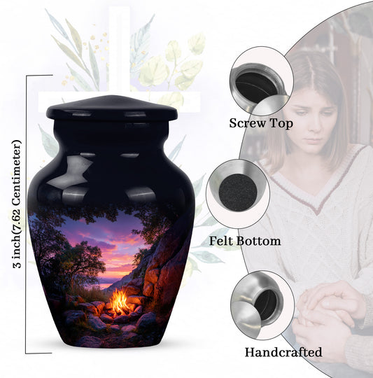 Charcoal Black Campfire Cremation Urn close-up of engraving and surface detail - elegant classic campfire relief with fine detailing - mini keepsake memorial for portion of cremation ashes