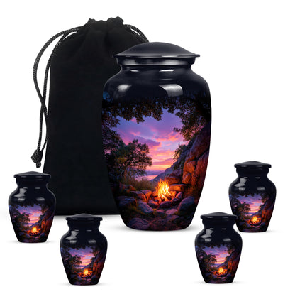 Glossy Black Campfire Cremation Urn top-down view of secure threaded lid - classic sculpted campfire pattern on smooth aluminum - memorial set with one large and four small urns