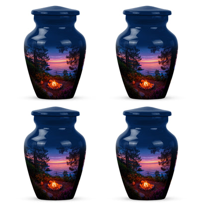 Pastel Blue Campfire Cremation Urn side profile showing urn shape - classic sculpted campfire pattern on smooth aluminum - 10 inch aluminum urn for cremated remains