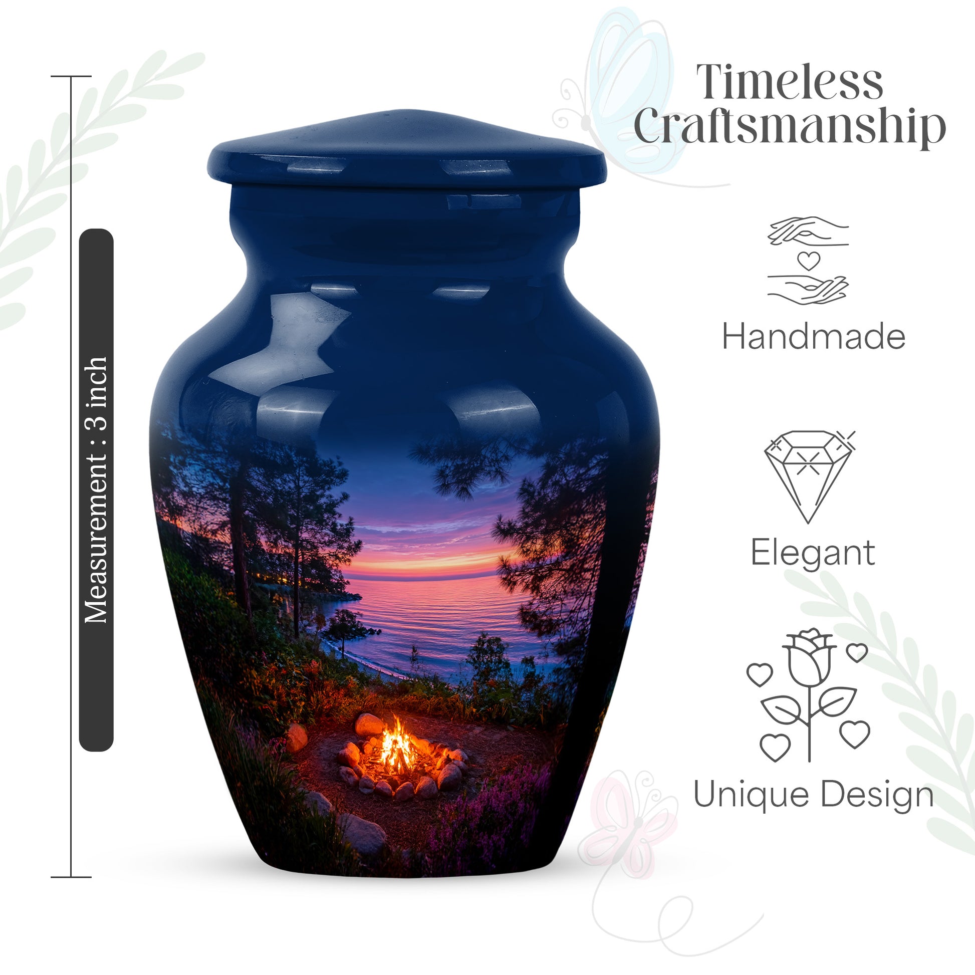 Soft Blue Campfire Cremation Urn close-up of engraving and surface detail - elegant classic campfire relief with fine detailing - mini keepsake memorial for portion of cremation ashes