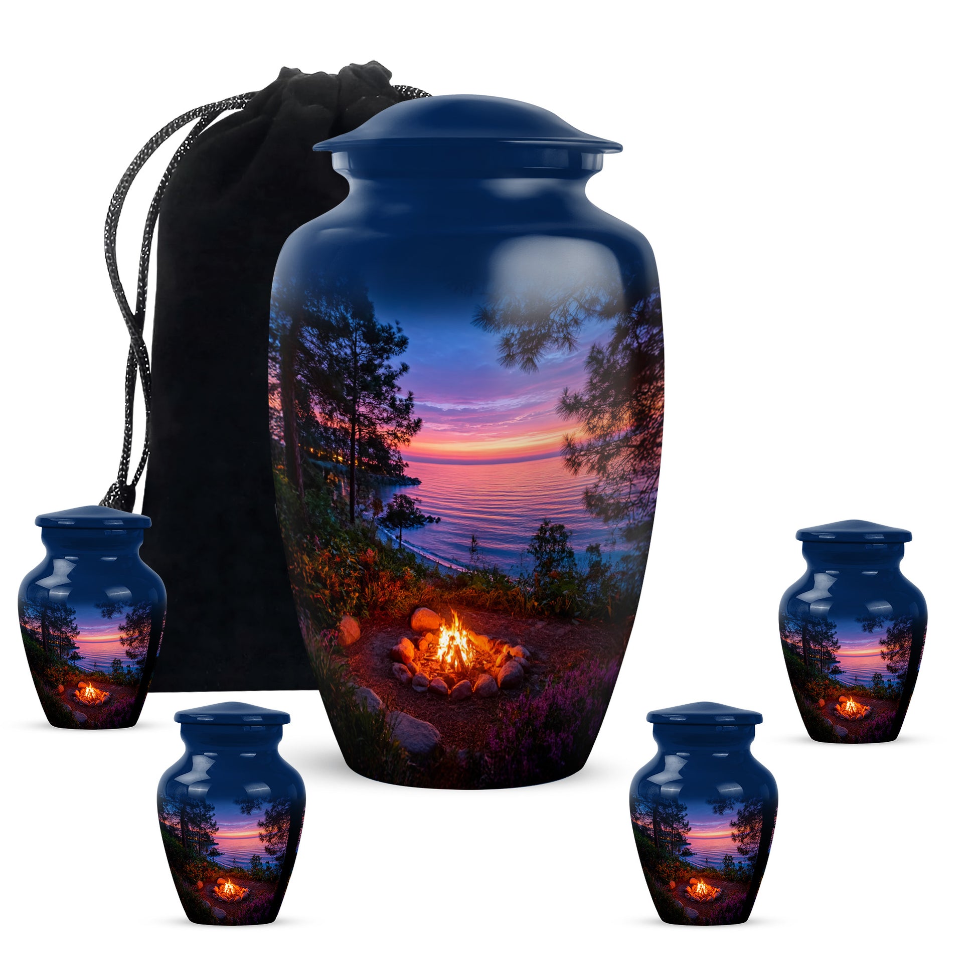 Cobalt Blue Campfire Cremation Urn top-down view of secure threaded lid - traditional campfire engraving with hand-polished finish - memorial set with one large and four small urns
