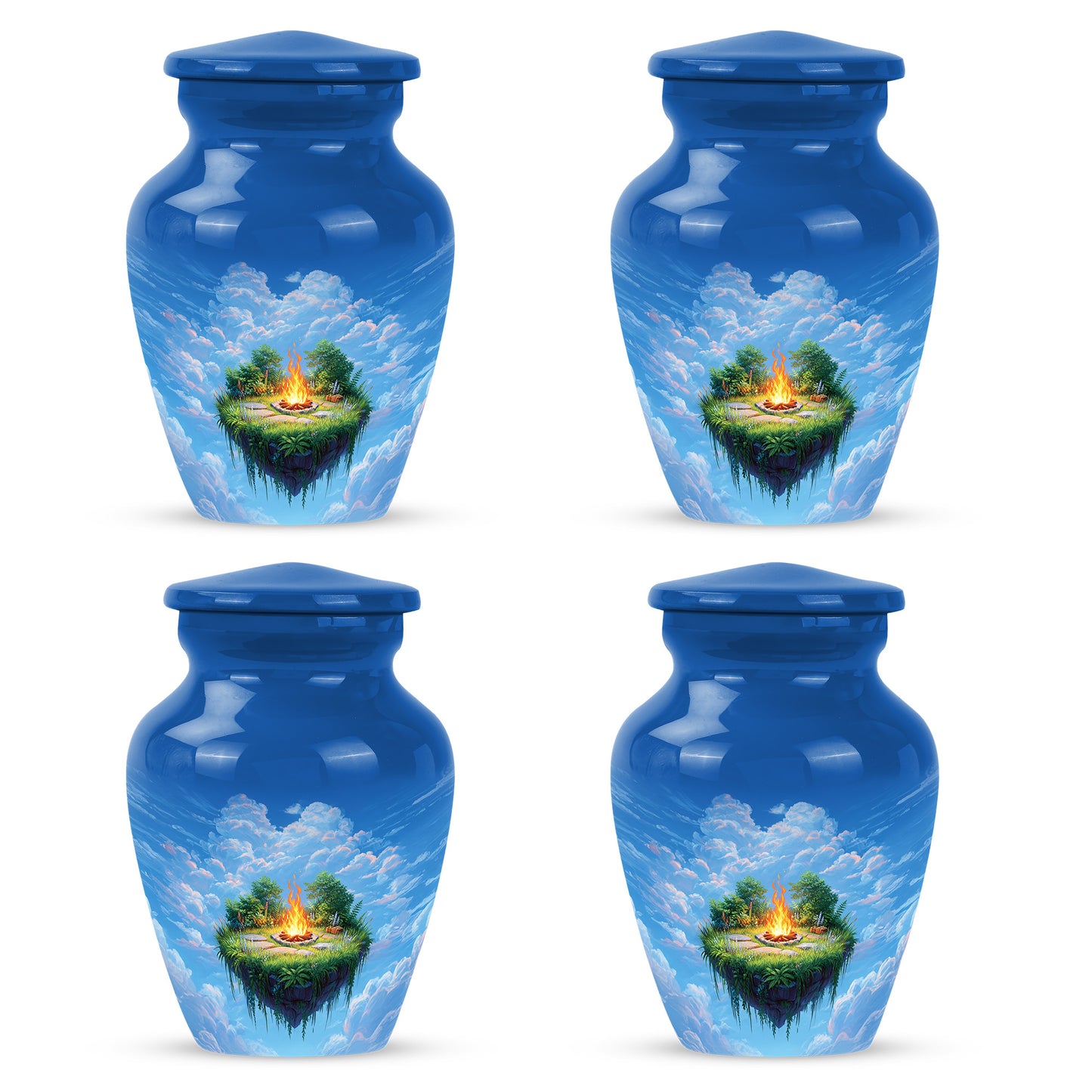Sky Blue Campfire Cremation Urn side profile showing urn shape - timeless campfire motif etched into premium metal - 10 inch aluminum urn for cremated remains