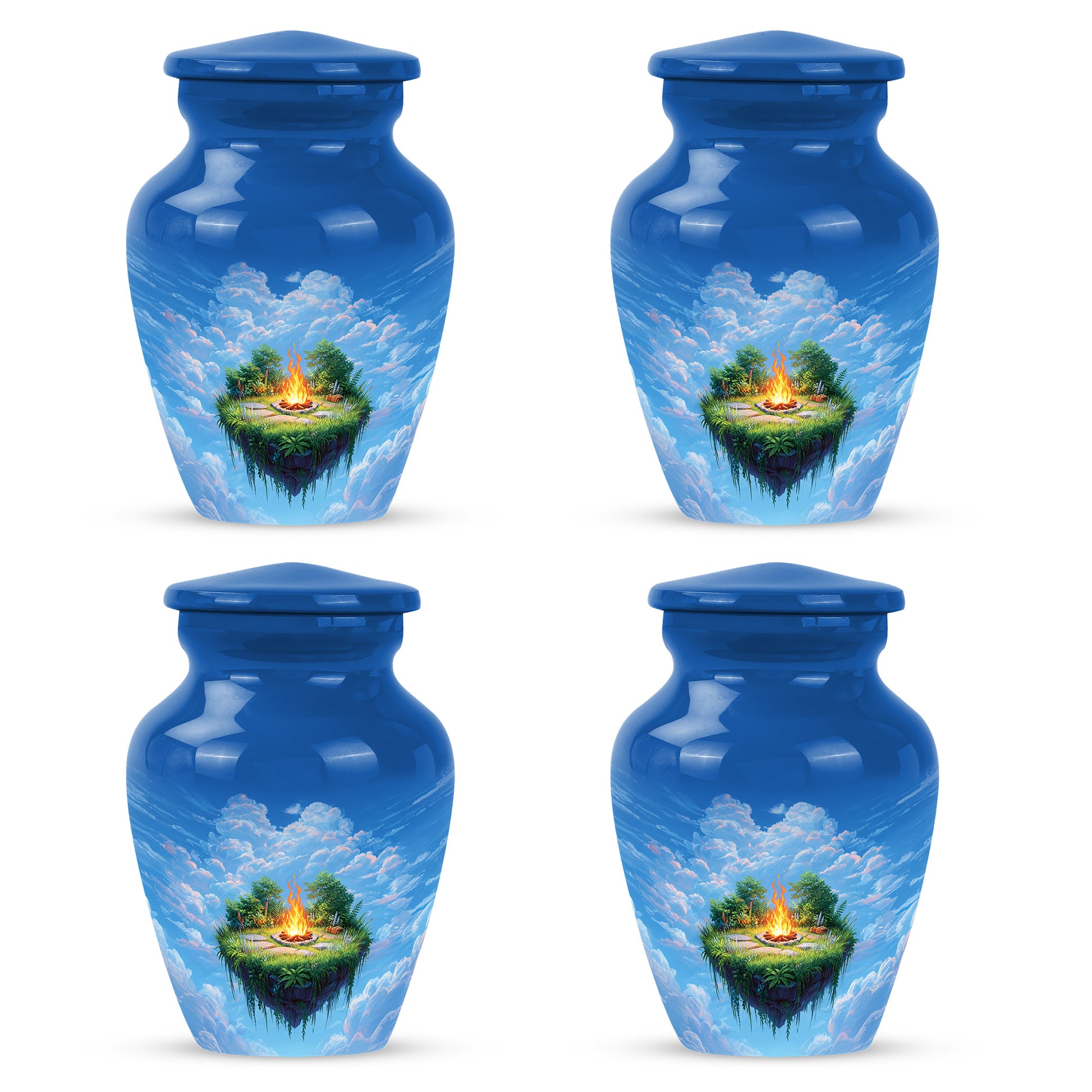 Sky Blue Campfire Cremation Urn side profile showing urn shape - timeless campfire motif etched into premium metal - 10 inch aluminum urn for cremated remains