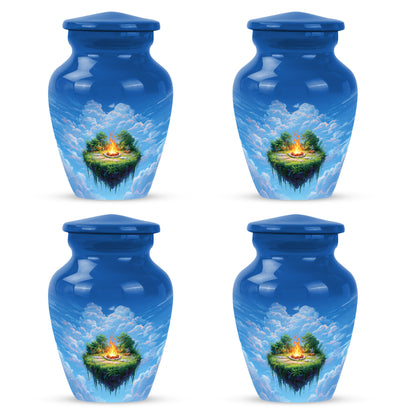 Sky Blue Campfire Cremation Urn side profile showing urn shape - timeless campfire motif etched into premium metal - 10 inch aluminum urn for cremated remains