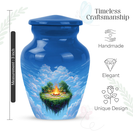 Soft Blue Campfire Cremation Urn close-up of engraving and surface detail - traditional campfire engraving with hand-polished finish - mini keepsake memorial for portion of cremation ashes