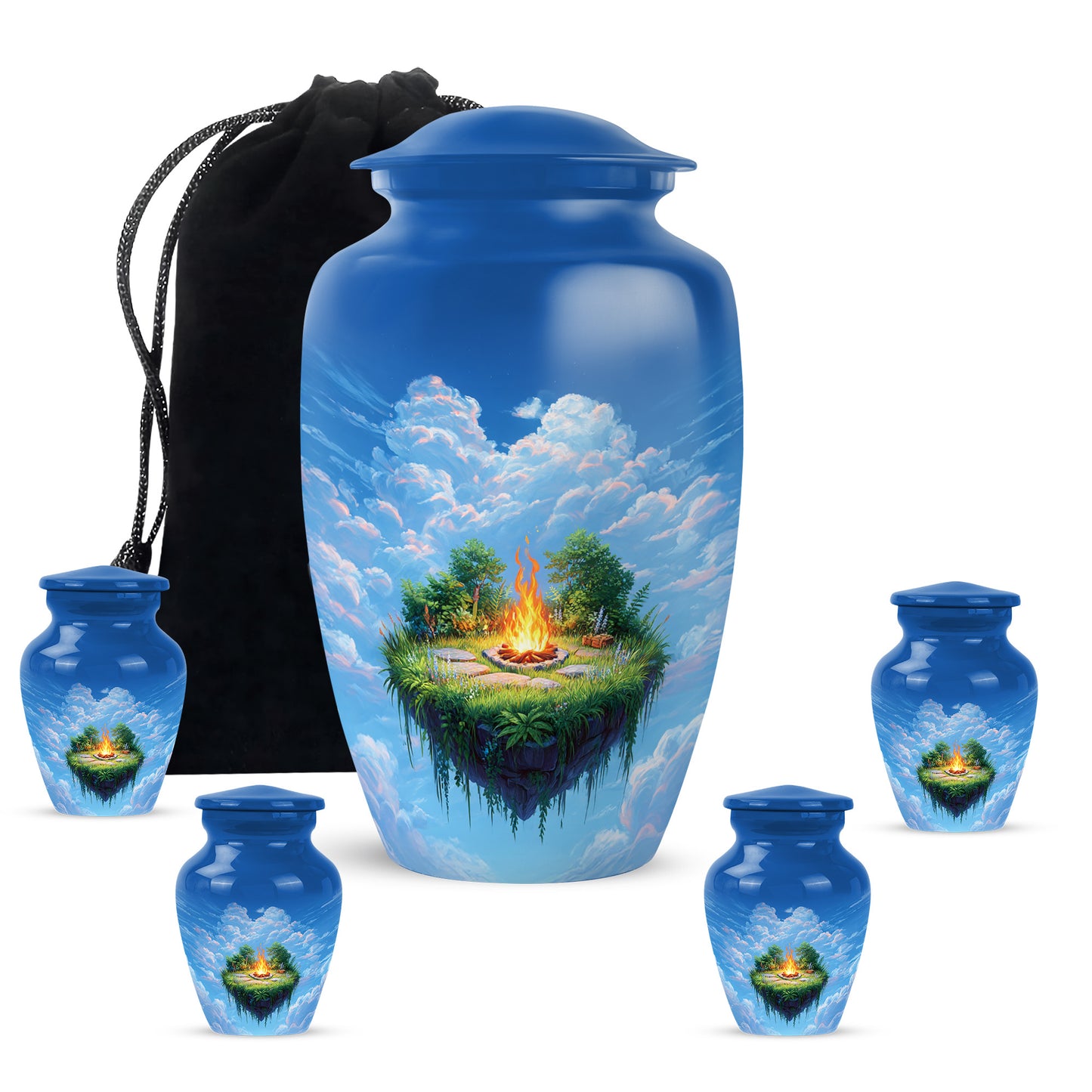 Sapphire Blue Campfire Cremation Urn top-down view of secure threaded lid - elegant classic campfire relief with fine detailing - memorial set with one large and four small urns