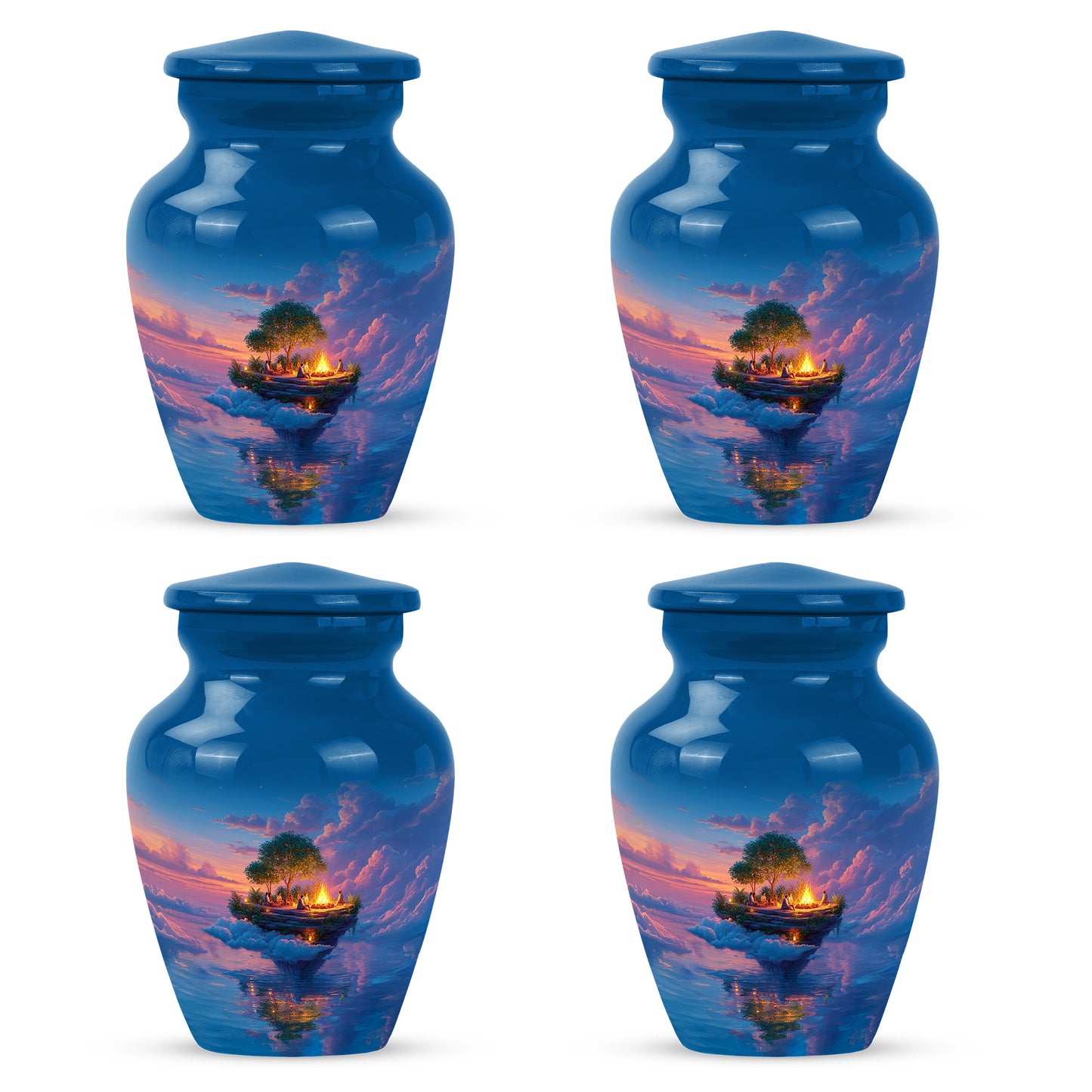 Twilight Blue Campfire Cremation Urn side profile showing urn shape - elegant classic campfire relief with fine detailing - 10 inch aluminum urn for cremated remains